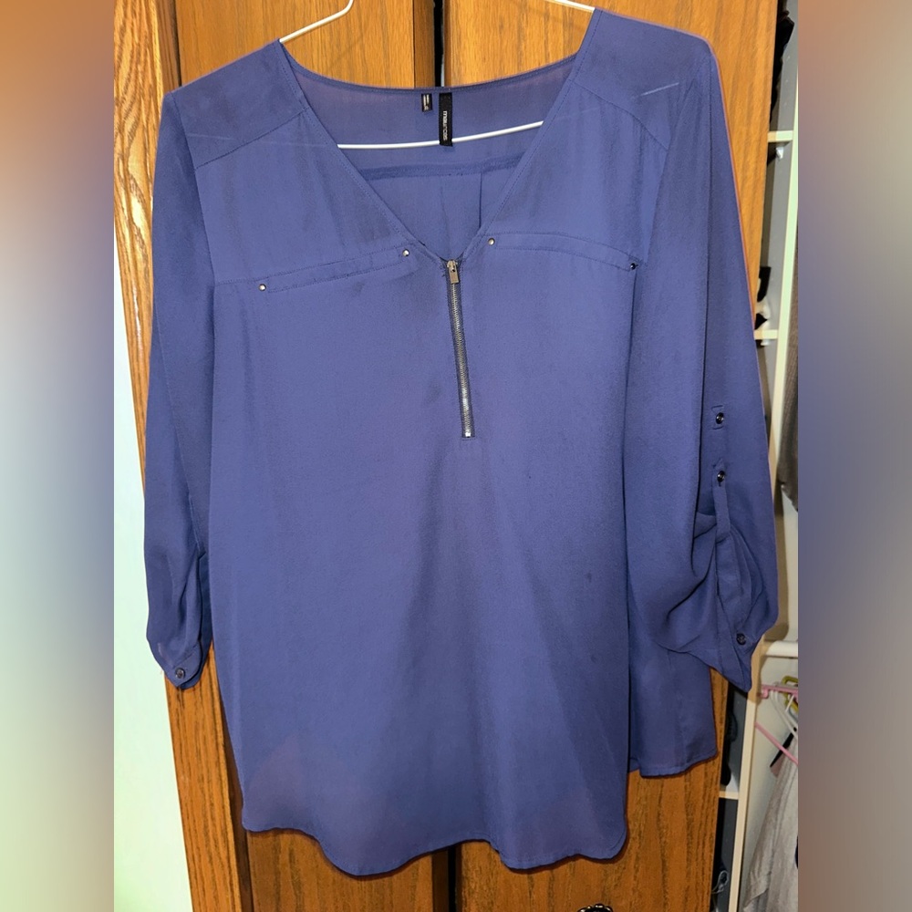 Navy Blouse with Zipper & Button Detail